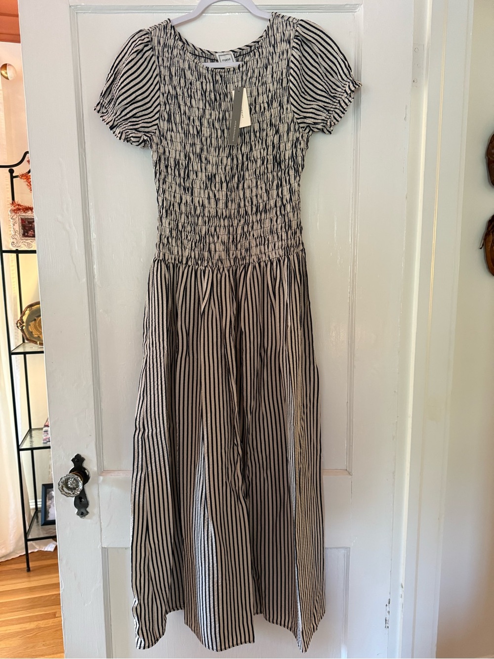Maeve Blue and White Striped Smocked Short-Sleeve Maxi Dress
